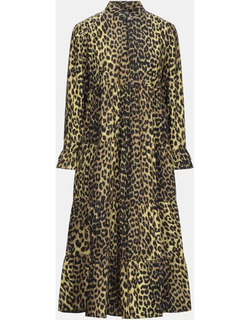 Ganni Yellow Leopard Print Cotton Midi Dress S (EU 34)