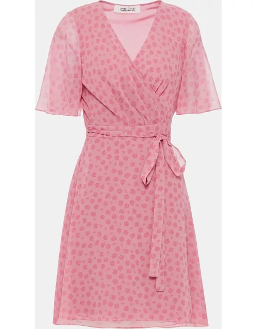 Diane Von Furstenberg Pink Rose Print Chiffon Kathy Wrap Dress L (US 8)