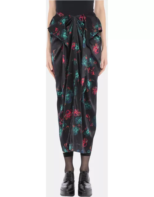 Ganni Black Floral Print Silk Draped Skirt L (EU 40)