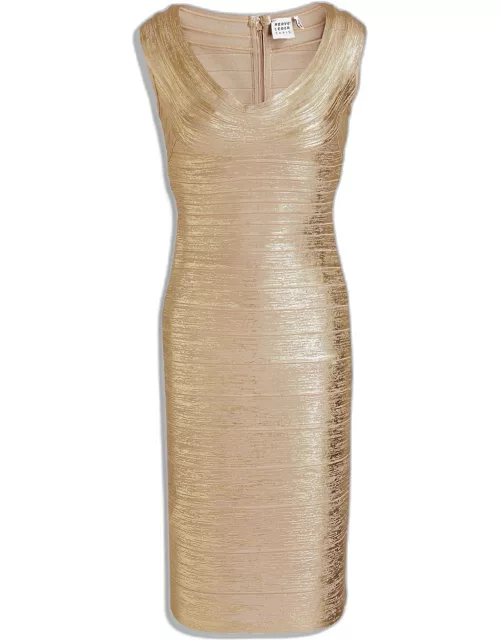 Herve Leger Beige/Gold Knit Bandage Dress