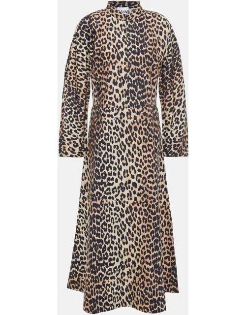 Ganni Beige Leopard Print Cotton Midi Dress XS (EU 34)