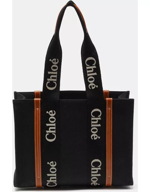 Chloe Black/Tan Canvas and Leather Medium Woody Tote