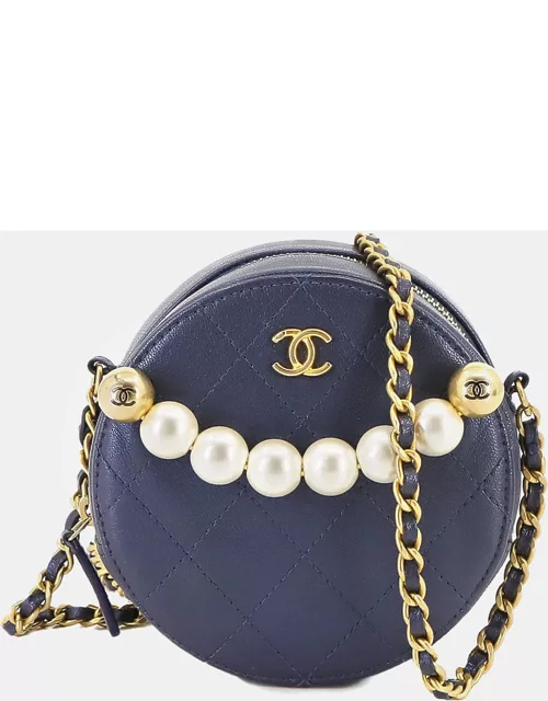 Chanel Blue Leather Pearl Crush Round Clutch Bag