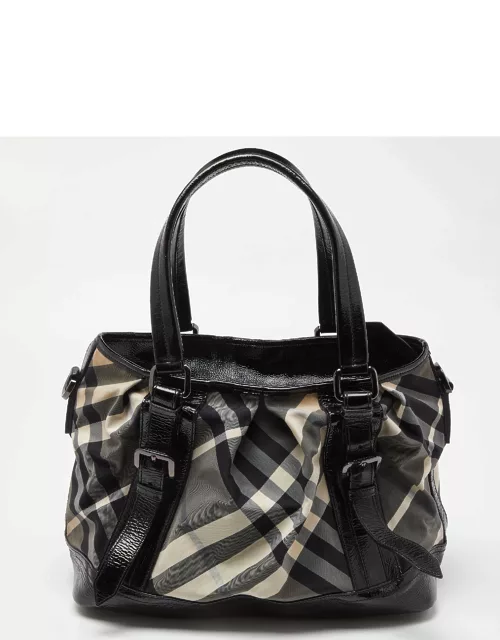 Burberry Black/Grey Beat Check Canvas and Patent Leather Lowry Tote