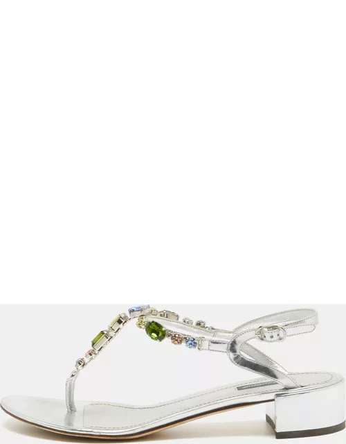 Dolce & Gabbana Silver Leather Crystal Embellished Slingback Sandal