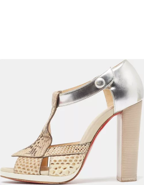 Christian Louboutin Sliver/Beige Python Leather And Foil Leather Ankle Strap Sandal