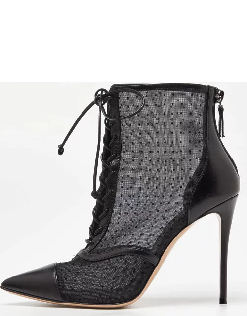 Casadei Black Mesh and Leather Lace Up Ankle Bootie