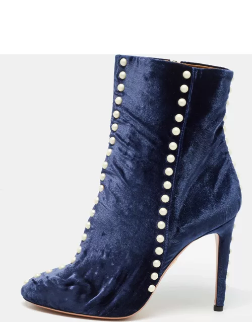 Aquazzura Blue Velvet Follie Pearls Ankle Boot