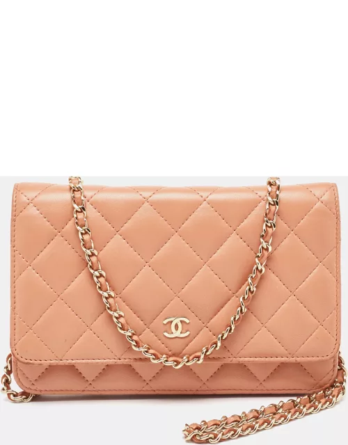Chanel Peach Pink Quilted Leather Classic Wallet on Chain