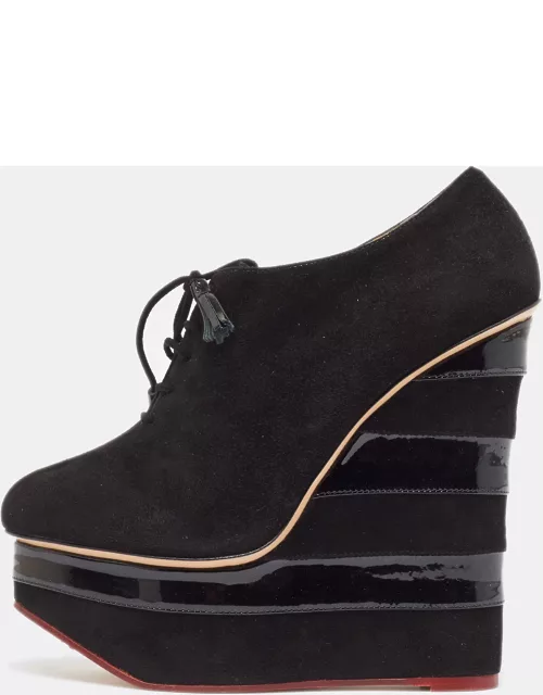 Charlotte Olympia Black Suede and Patent Leather Martha Wedge Bootie