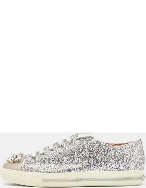 Miu Miu Silver Glitter and Leather Crystal Embellished Sneaker