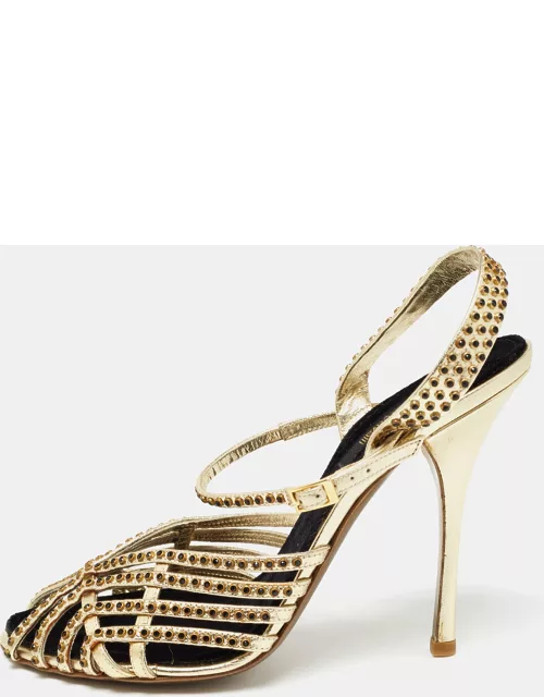 Roberto Cavalli Metallic Gold Leather Ankle Wrap Sandal