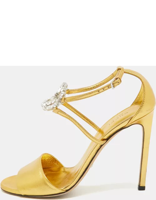 Gucci Gold Leather Interlocking G Crystal Embellished Ankle Sandal