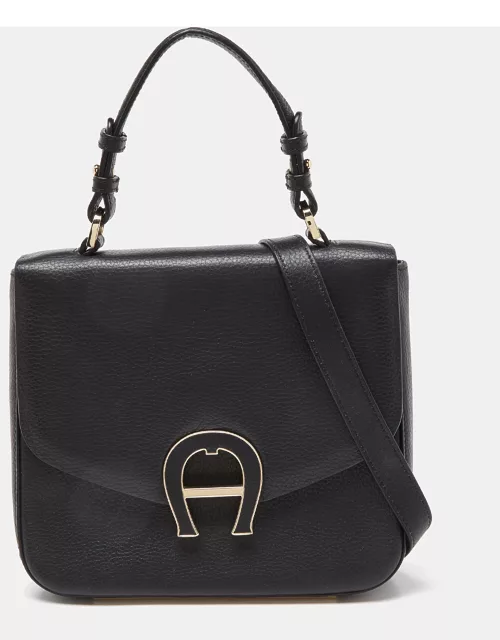 Aigner Black Leather Logo Flap Top Handle Bag