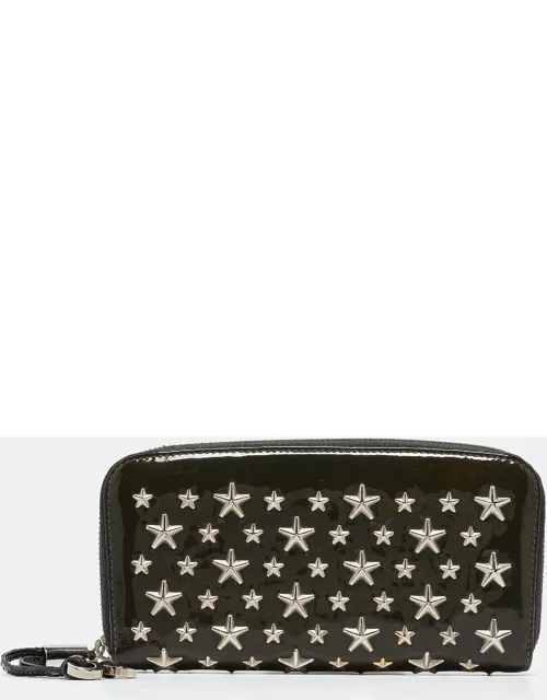 Jimmy Choo Olive Green Patent Leather Star Studded Zip Around Wallet