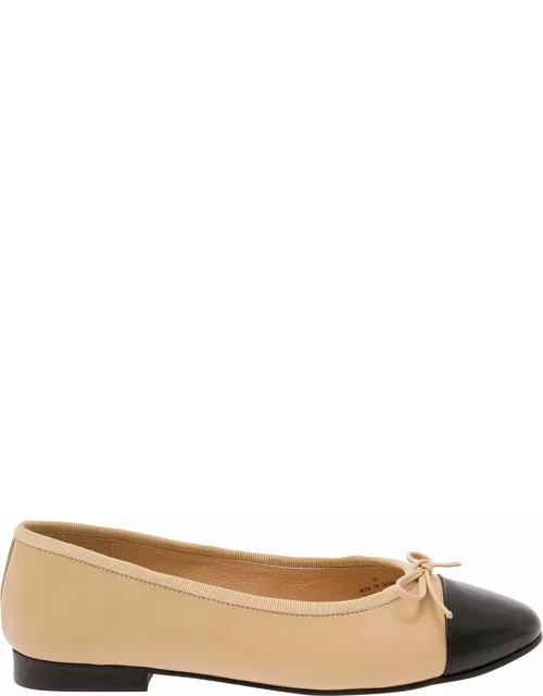 Jeffrey Campbell Beige Ballet Flats With Contrasting Toe And Bow In Leather Woman