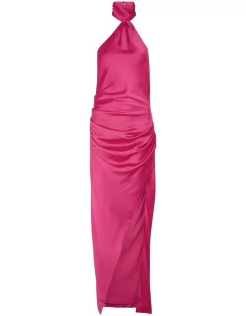 Misha Emma Halterneck Satin Maxi Dress - Bright Pink - L (UK14 / L)