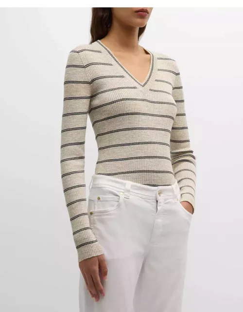 Striped Metallic Linen Long-Sleeve V-Neck Knit Sweater