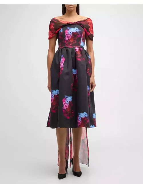 Floral Print Off-Shoulder Midi Dress with Cape Back