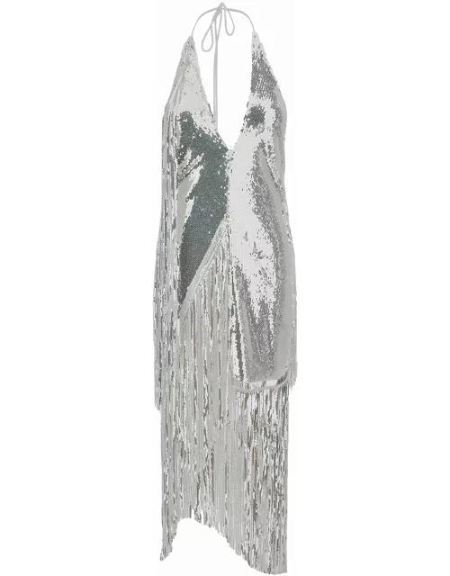 Rotate by Birger Christensen Midi Silver Dress With Fringes And Paillettes In Stretch Fabric Woman