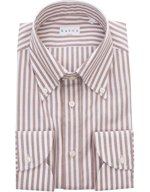 Xacus Brown Striped Cotton Shirt