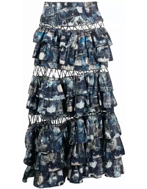 John Richmond Long Skirt With Flounces And Iconic Runway Denim-effect Pattern
