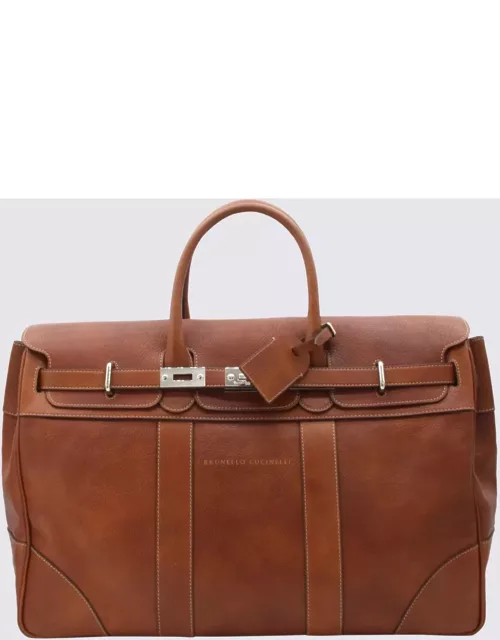 Brunello Cucinelli Brown Leather Weekender Travel Bag