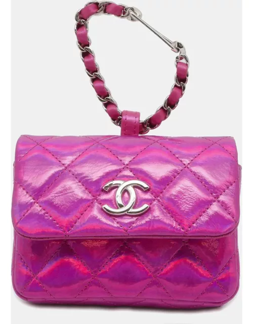 Chanel Pink Patent Lambskin Leather Quilted Hook Card Holder