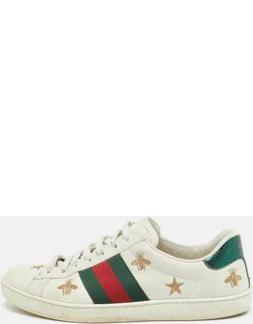 Gucci White Leather Ace Web Bee Embroidered Low Top Sneaker