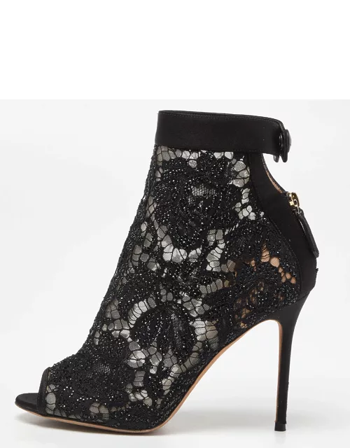 Valentino Black Lace and Leather Fusion Ankle Sandal