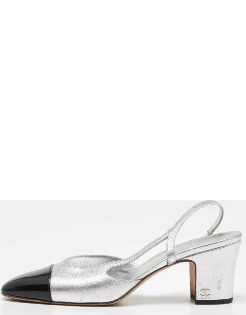 Chanel Silver/Black Leather and Patent Cap Toe CC D'osray Slingback Sandal