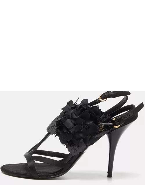 Louis Vuitton Black Satin and Patent Leather Flower Embellished Ankle Strap Sandal