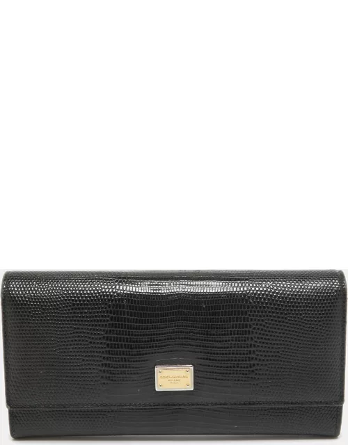 Dolce & Gabbana Black Lizard Embossed Leather Flap Continental Wallet