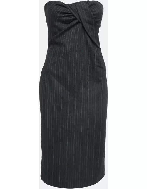 D & G Grey Pinstripe Gabardine Draped Detail Strapless Mini Dress