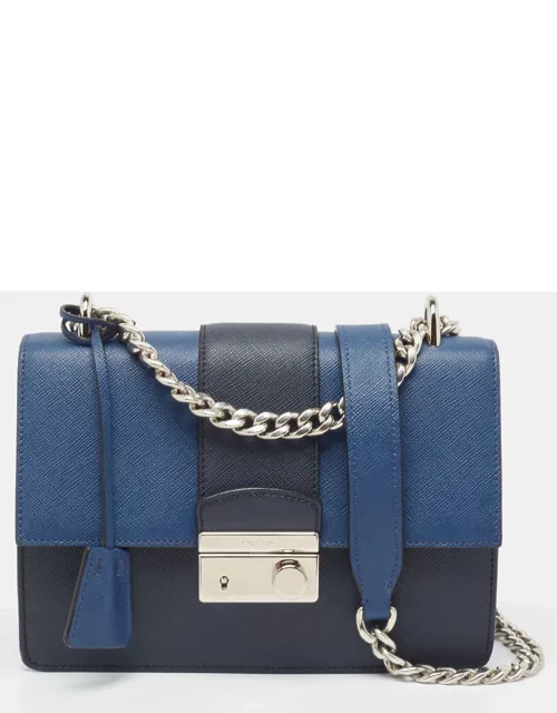 Prada Two Tone Blue Saffiano 1 Leather Sound Flap Chain Shoulder Bag