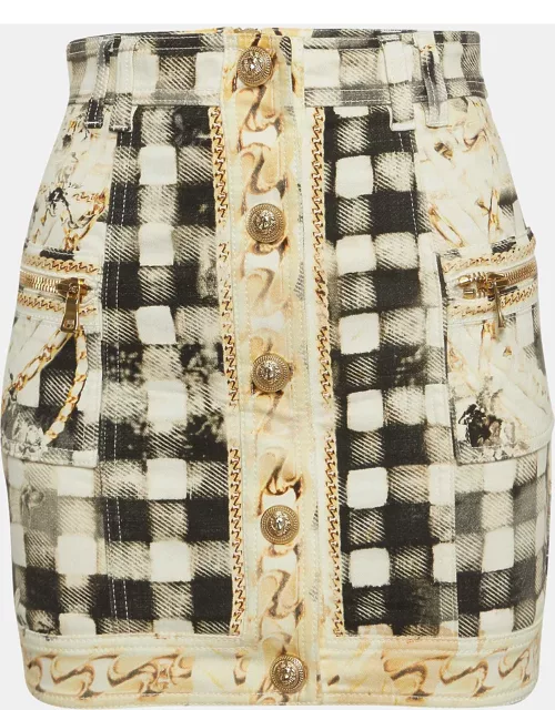 Balmain Grey Checked Cotton Buttoned Detail Mini Skirt