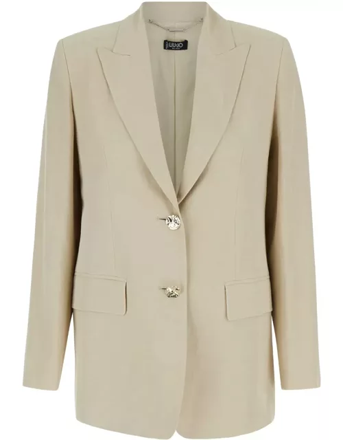 Liu-Jo Beige Single-breasted Jacket With Gold Buttons In Linen Blend Woman