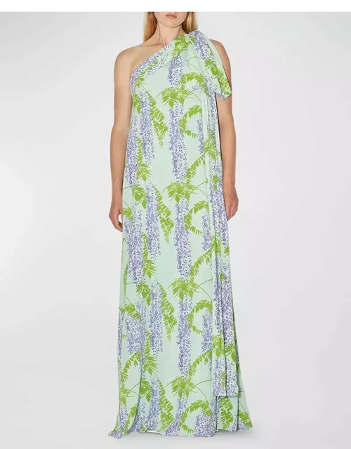 Gala One-Shoulder Wisteria Printed Maxi Dress with Bow Detai