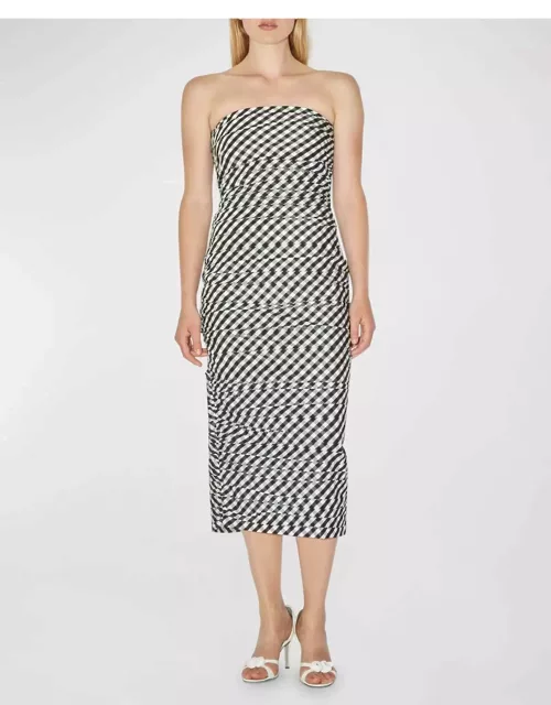 Tia Gingham Ruched Strapless Midi Dres
