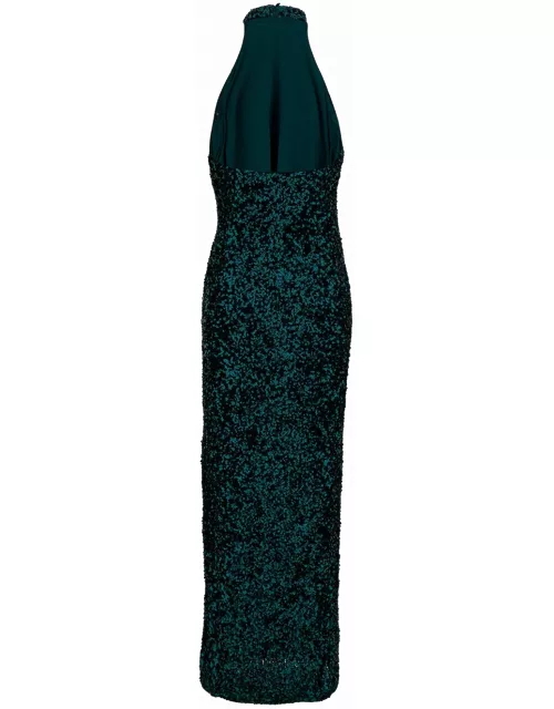 Rotate by Birger Christensen Long Green Halterneck Dress With All-over Paillettes In Recycled Fabric Woman