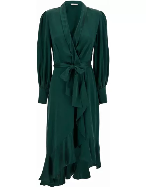 Zimmermann Midi Asymmetric Green Dress With Belt In Silk Woman