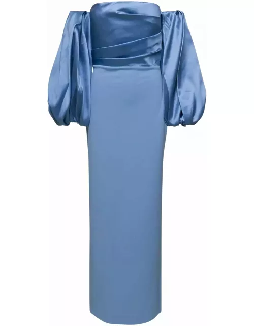 Solace London Light Blue Maxi Dress With Puffed Sleeves In Techno Fabric Woman
