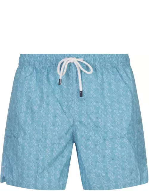 Fedeli Light Blue Swim Shorts With Micro Pattern