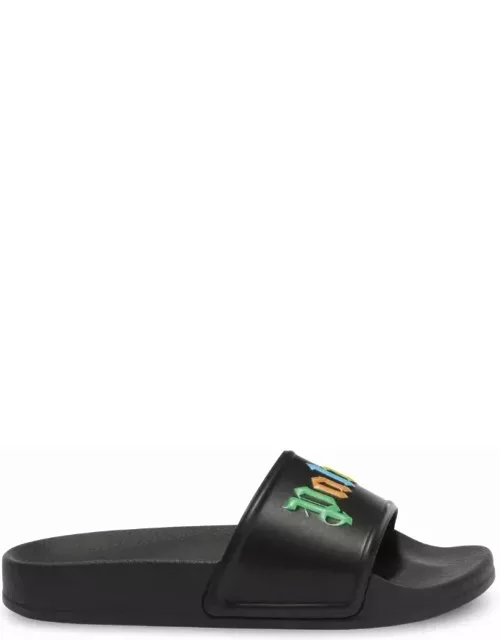 Palm Angels Black Slippers With Multicoloured Logo