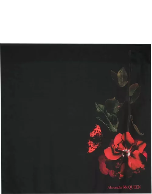 Alexander McQueen Black Silk Scarf With Red Rose Print