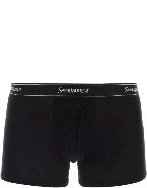 Saint Laurent Black Boxer Briefs With Logo Lettering Embroidery In Ribbed Cotton Man