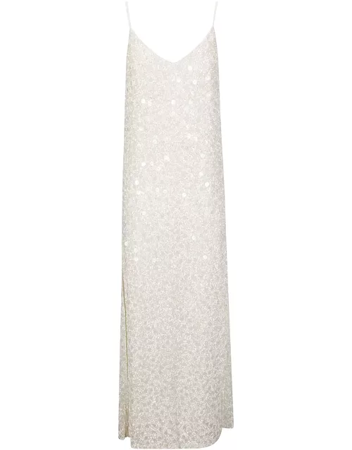Parosh White Long Dress With Sequins In Viscose Woman