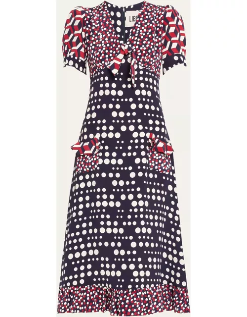 Red White and Blue Mash-Up Ruffle Midi Dres