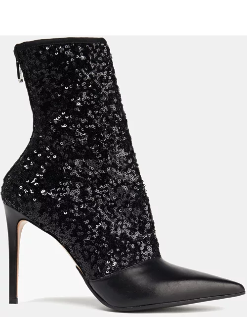 Balmain Black Sequins and Leather Ankle Boot