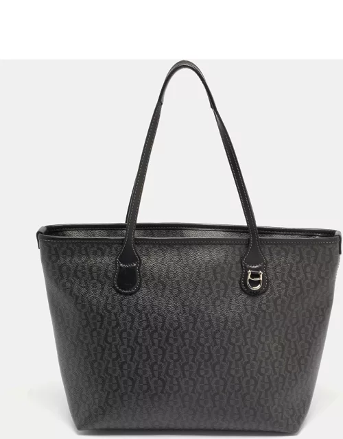 Aigner Black/Grey Monogram Coated Canvas and Leather Top Zip Tote